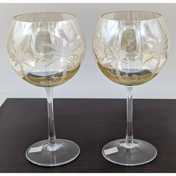2 Royal Danube Etched Palm Tree Yellowish Luster Balloon Wine Glasses 9" Goblets - Picture 12 of 12